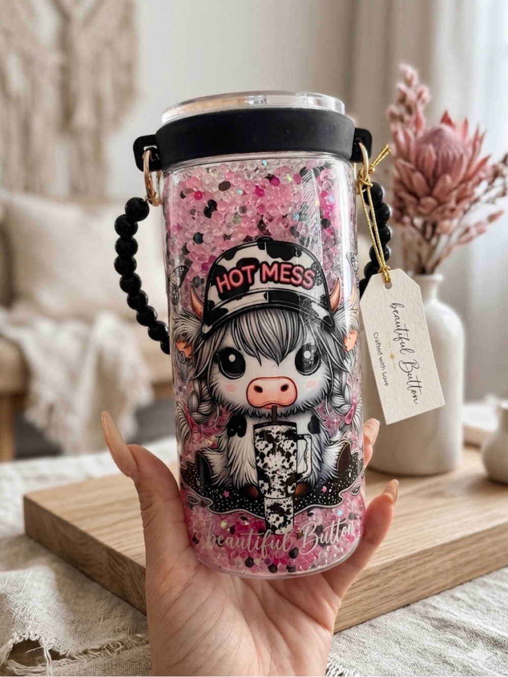 Custom Pink 'Hot Mess' Glitter Cow Travel Tumbler with Beaded Handle